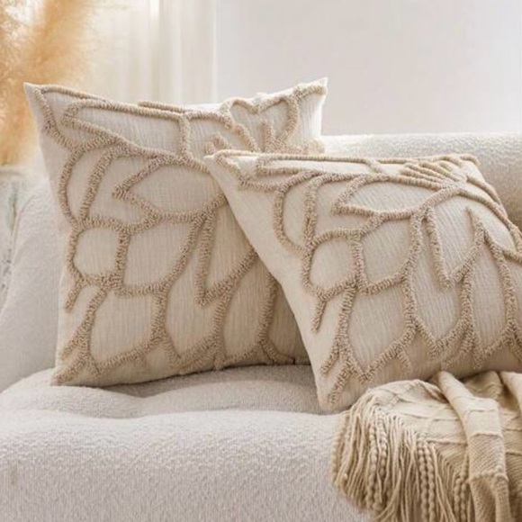 Cream Textured Abstract Floral Throw Pillow Cover, 18”x18” - Picture 3 of 3